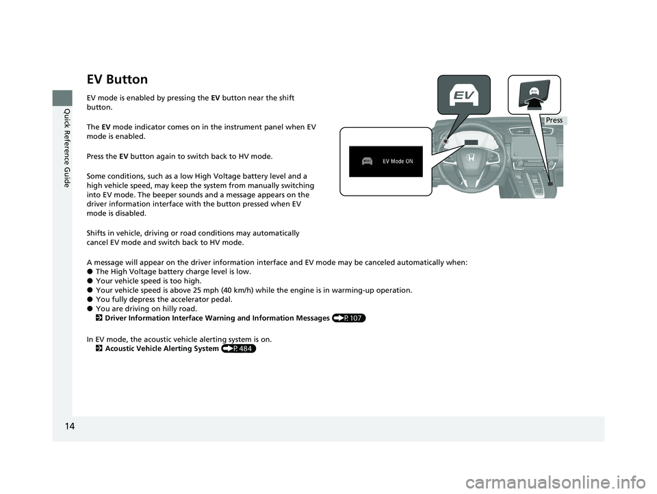 HONDA CR-V HYBRID 2020 (in English) User Guide 14
Quick Reference Guide
EV Button
EV mode is enabled by pressing the EV button near the shift
button.
The EV mode indicator comes on in the instrument panel when EV
mode is enabled.
Press the EV HONDA CR-V HYBRID 2020 (in English) User Guide 14
Quick Reference Guide
EV Button
EV mode is enabled by pressing the EV button near the shift
button.
The EV mode indicator comes on in the instrument panel when EV
mode is enabled.
Press the EV