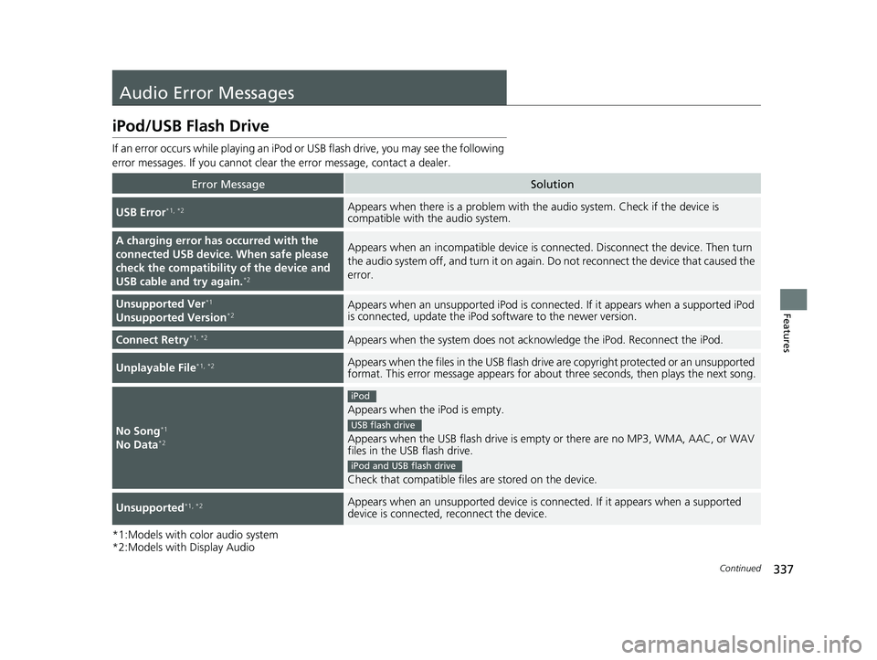 HONDA CR-V HYBRID 2020  Owners Manual (in English) 337Continued
Features
Audio Error Messages
iPod/USB Flash Drive
If an error occurs while playing an iPod or USB flash drive, you may see the following 
error messages. If you cannot clear the error me