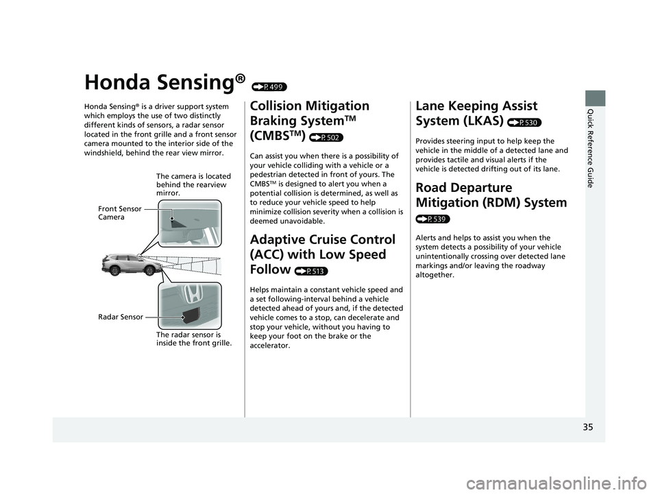 HONDA CR-V HYBRID 2020 (in English) Owners Guide 35
Quick Reference Guide
Honda Sensing® (P499)
Honda Sensing ® is a driver support system
which employs the use of two distinctly
different kinds of sensors, a radar sensor
located in the front g HONDA CR-V HYBRID 2020 (in English) Owners Guide 35
Quick Reference Guide
Honda Sensing® (P499)
Honda Sensing ® is a driver support system
which employs the use of two distinctly
different kinds of sensors, a radar sensor
located in the front g
