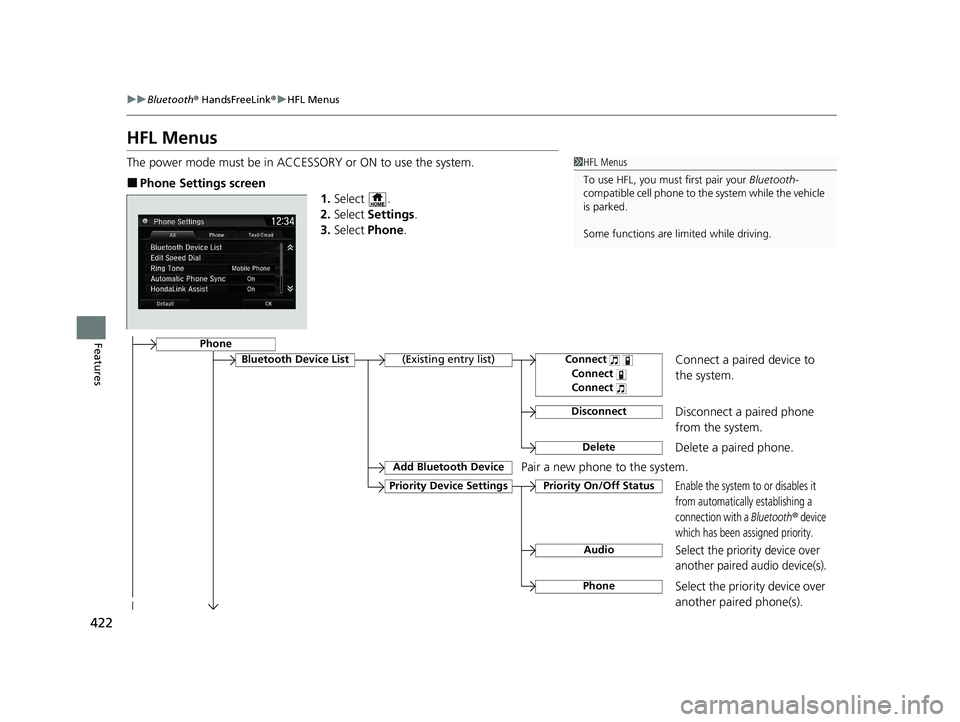 HONDA CR-V HYBRID 2020 Owners Manual (in English) 422
uuBluetooth ® HandsFreeLink ®u HFL Menus
Features
HFL Menus
The power mode must be in ACCESSORY or ON to use the system.
■Phone Settings screen
1.Select .
2. Select Settings .
3. Select Phon HONDA CR-V HYBRID 2020 Owners Manual (in English) 422
uuBluetooth ® HandsFreeLink ®u HFL Menus
Features
HFL Menus
The power mode must be in ACCESSORY or ON to use the system.
■Phone Settings screen
1.Select .
2. Select Settings .
3. Select Phon