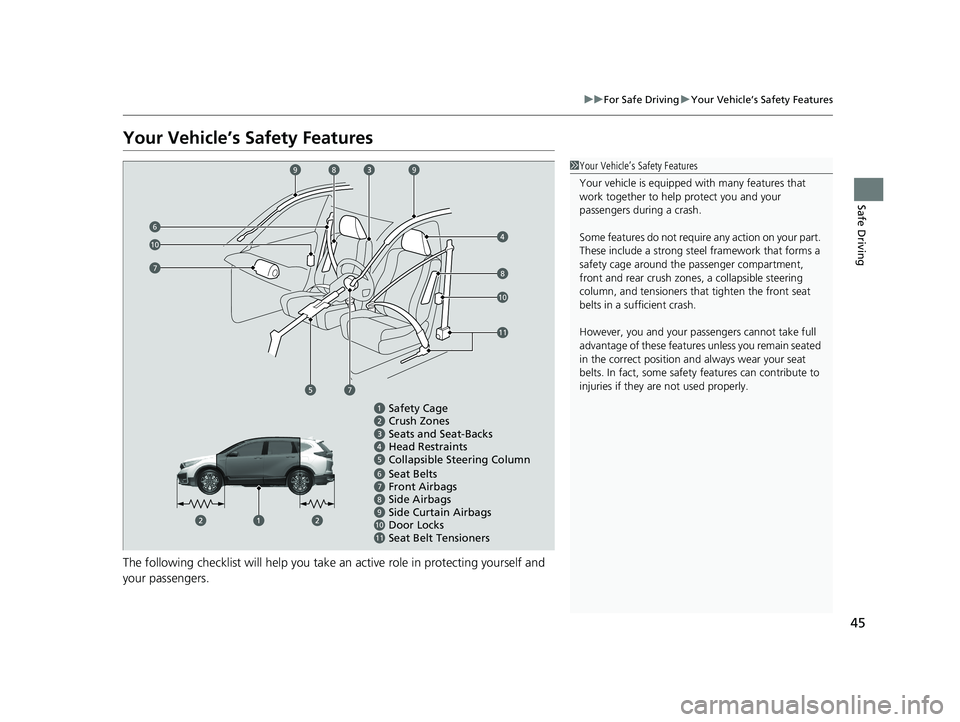 HONDA CR-V HYBRID 2020   (in English) Service Manual 45
uuFor Safe Driving uYour Vehicle’s Safety Features
Safe Driving
Your Vehicle’s Safety Features
The following checklist will help you take an active role in protecting yourself and 
your passeng