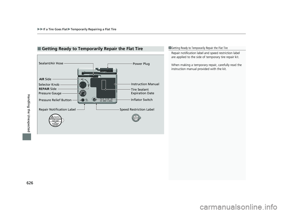 HONDA CR-V HYBRID 2020  Owners Manual (in English) uuIf a Tire Goes Flat uTemporarily Repairing a Flat Tire
626
Handling the Unexpected
■Getting Ready to Temporarily Repair the Flat Tire1Getting Ready to Temporarily Repair the Flat Tire
Repair notif