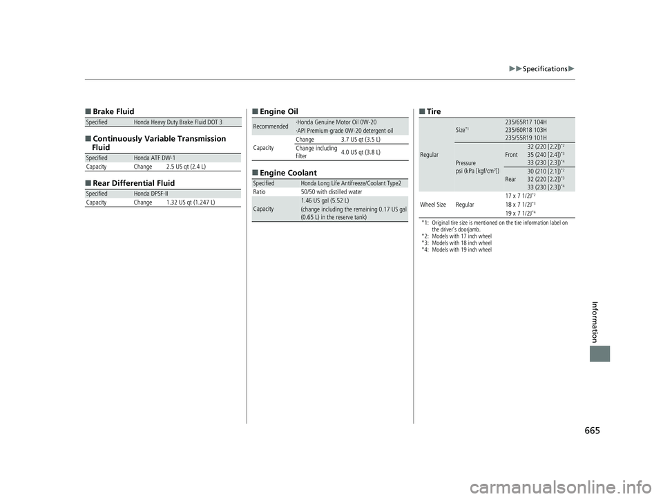 HONDA CR-V HYBRID 2020  Owners Manual (in English) 665
uuSpecifications u
Information
■
Brake Fluid
■ Continuously Variable Transmission 
Fluid
■ Rear Differential Fluid
SpecifiedHonda Heavy Duty Brake Fluid DOT 3
SpecifiedHonda ATF DW-1
Capacit