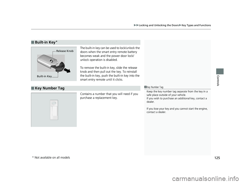 HONDA FIT 2020  Owners Manual (in English) 125
uuLocking and Unlocking the Doors uKey Types and Functions
Controls
The built-in key can be us ed to lock/unlock the 
doors when the smart entry remote battery 
becomes weak and the power door loc