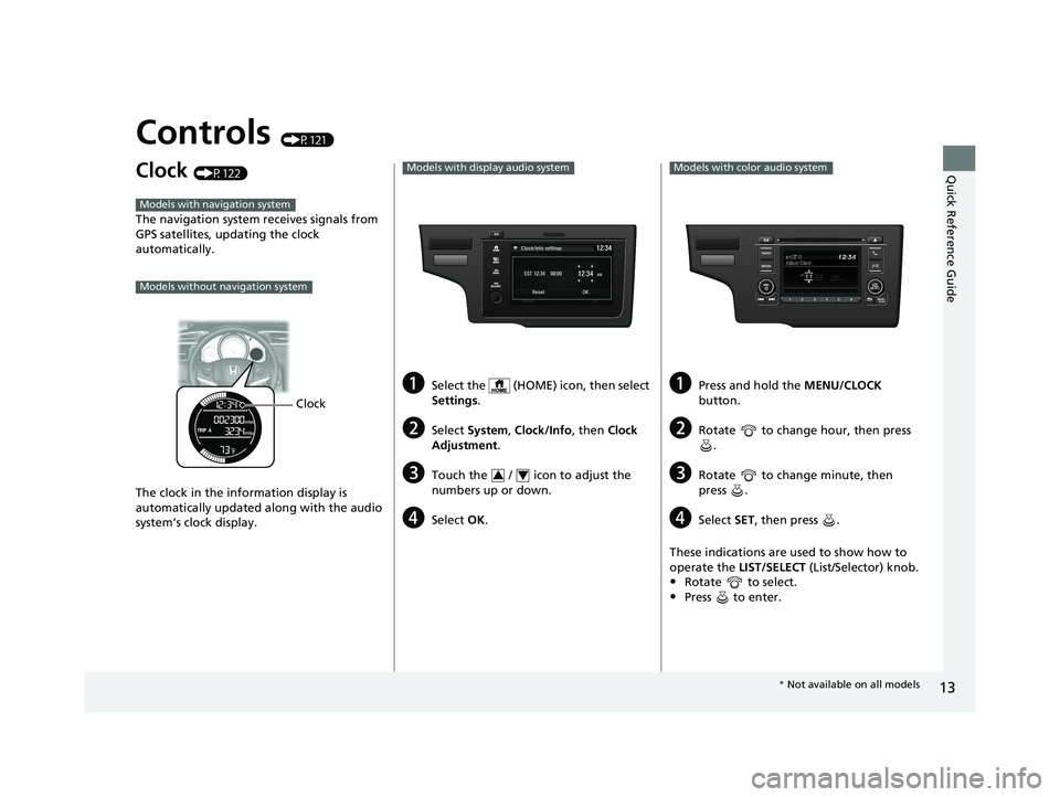 HONDA FIT 2020  Owners Manual (in English) 13
Quick Reference Guide
Controls (P121)
Clock (P122)
The navigation system receives signals from 
GPS satellites, updating the clock 
automatically.
The clock in the information display is 
automatic