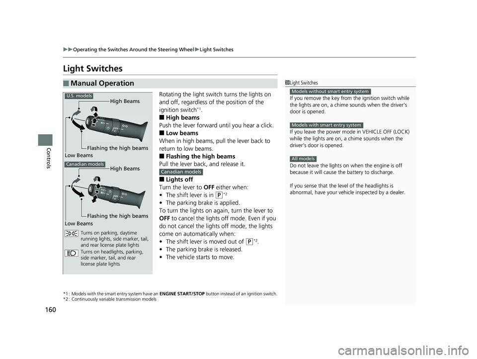 HONDA FIT 2020 (in English) Service Manual 160
uuOperating the Switches Around the Steering Wheel uLight Switches
Controls
Light Switches
Rotating the light switch turns the lights on
and off, regardless of the position of the
ignition switc HONDA FIT 2020 (in English) Service Manual 160
uuOperating the Switches Around the Steering Wheel uLight Switches
Controls
Light Switches
Rotating the light switch turns the lights on
and off, regardless of the position of the
ignition switc