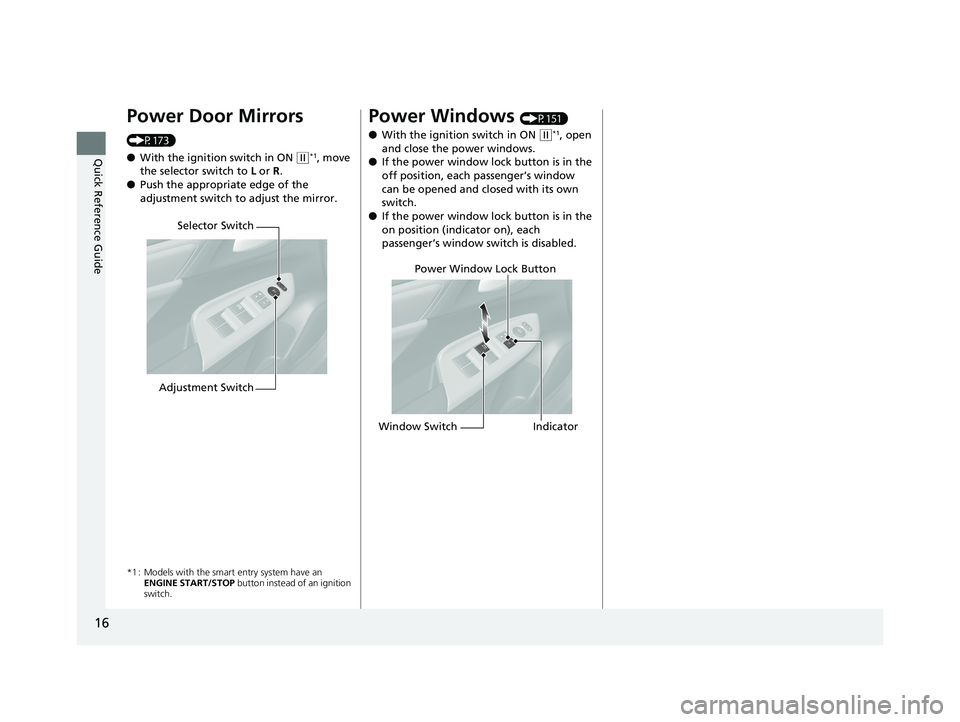 HONDA FIT 2020  Owners Manual (in English) 16
Quick Reference Guide
Power Door Mirrors 
(P173)
●With the ignition switch in ON 
(w*1, move 
the selector switch to L  or R.
● Push the appropriate edge of the 
adjustment switch to adjust the