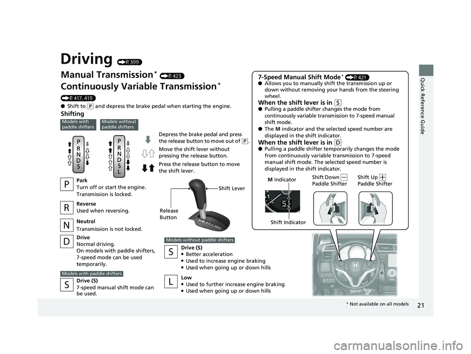 HONDA FIT 2020  Owners Manual (in English) 21
Quick Reference Guide
Driving (P399)
Depress the brake pedal and press 
the release button to move out of (P.
Manual Transmission* (P423)
Continuously Variable Transmission* 
(P417, 419)
● Shift 