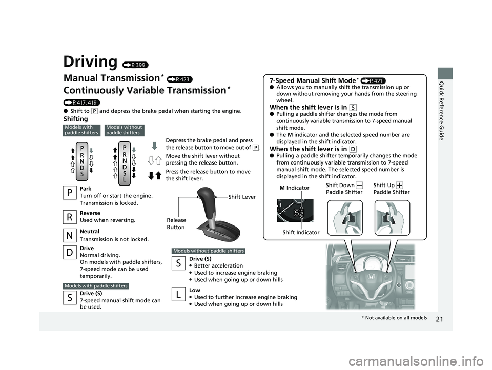 HONDA FIT 2020 Owners Manual (in English) 21
Quick Reference Guide
Driving (P399)
Depress the brake pedal and press
the release button to move out of (P.
Manual Transmission* (P423)
Continuously Variable Transmission*
(P417, 419)
● Shift HONDA FIT 2020 Owners Manual (in English) 21
Quick Reference Guide
Driving (P399)
Depress the brake pedal and press
the release button to move out of (P.
Manual Transmission* (P423)
Continuously Variable Transmission*
(P417, 419)
● Shift