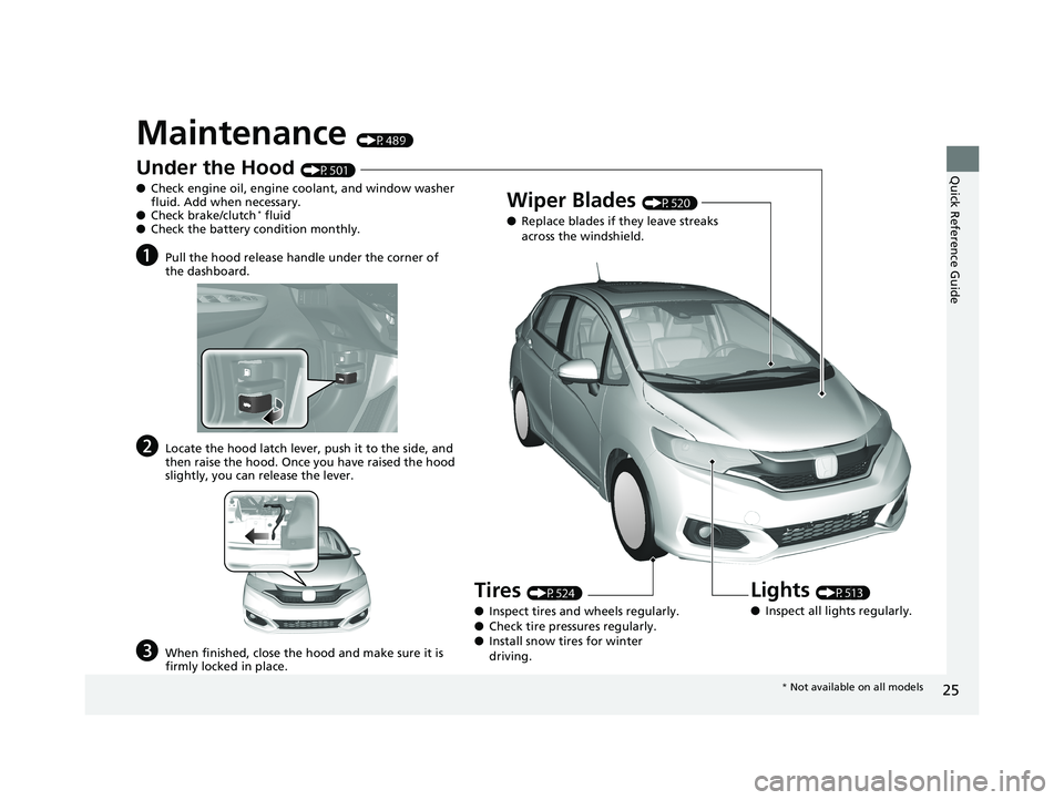 HONDA FIT 2020  Owners Manual (in English) 25
Quick Reference Guide
Maintenance (P489)
Under the Hood (P501)
● Check engine oil, engine coolant, and window washer 
fluid. Add when necessary.
● Check brake/clutch
* fluid
● Check the batte