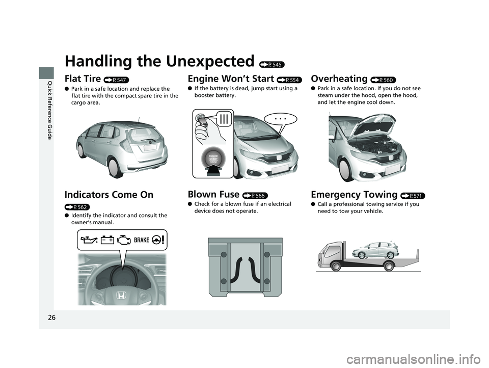 HONDA FIT 2020  Owners Manual (in English) 26
Quick Reference Guide
Handling the Unexpected (P545)
Flat Tire (P547)
● Park in a safe location and replace the 
flat tire with the compact spare tire in the 
cargo area.
Indicators Come On 
(P56