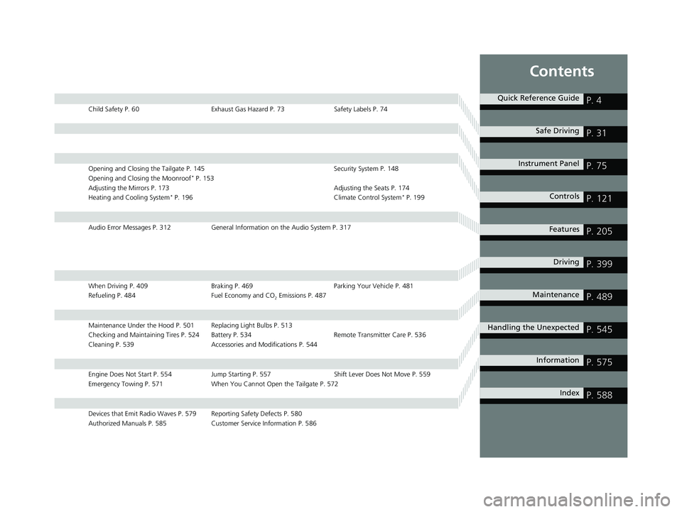 HONDA FIT 2020  Owners Manual (in English) Contents
Child Safety P. 60Exhaust Gas Hazard P. 73Safety Labels P. 74
Opening and Closing the Tailgate P. 145 Security System P. 148
Opening and Closing the Moonroof* P. 153
Adjusting the Mirrors P. 