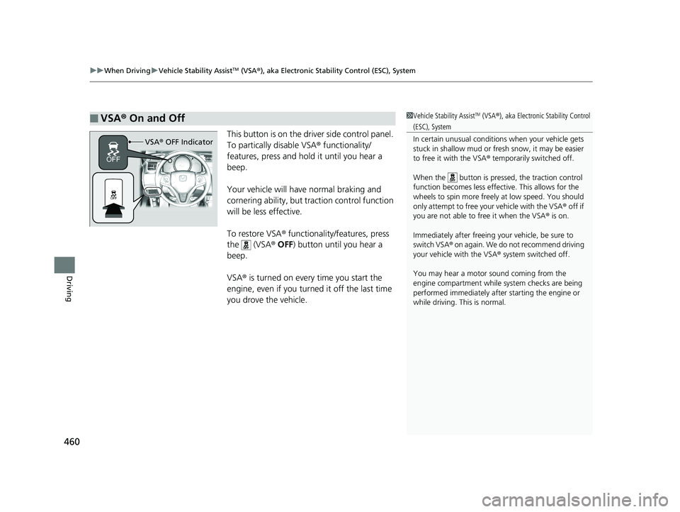 HONDA FIT 2020 Owners Manual (in English) uuWhen Driving uVehicle Stability AssistTM (VSA ®), aka Electronic Stability Control (ESC), System
460
Driving
This button is on the driver side control panel.
To partically disable VSA ® functiona HONDA FIT 2020 Owners Manual (in English) uuWhen Driving uVehicle Stability AssistTM (VSA ®), aka Electronic Stability Control (ESC), System
460
Driving
This button is on the driver side control panel.
To partically disable VSA ® functiona