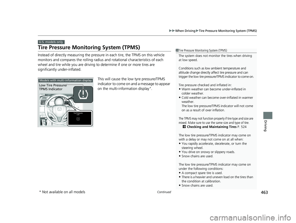 HONDA FIT 2020  Owners Manual (in English) 463
uuWhen Driving uTire Pressure Monitoring System (TPMS)
Continued
Driving
Tire Pressure Monitoring System (TPMS)
Instead of directly measuring the pressure  in each tire, the TPMS on this vehicle 
