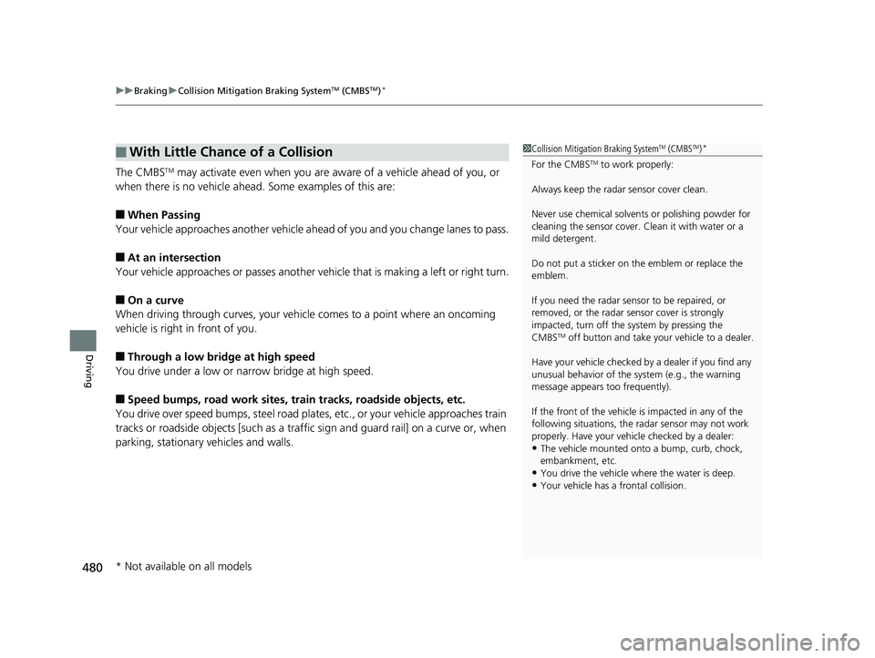 HONDA FIT 2020 (in English) Service Manual uuBraking uCollision Mitigation Braking SystemTM (CMBSTM)*
480
Driving
The CMBSTM may activate even when you are aw are of a vehicle ahead of you, or
when there is no vehicle ahead . Some examples of HONDA FIT 2020 (in English) Service Manual uuBraking uCollision Mitigation Braking SystemTM (CMBSTM)*
480
Driving
The CMBSTM may activate even when you are aw are of a vehicle ahead of you, or
when there is no vehicle ahead . Some examples of