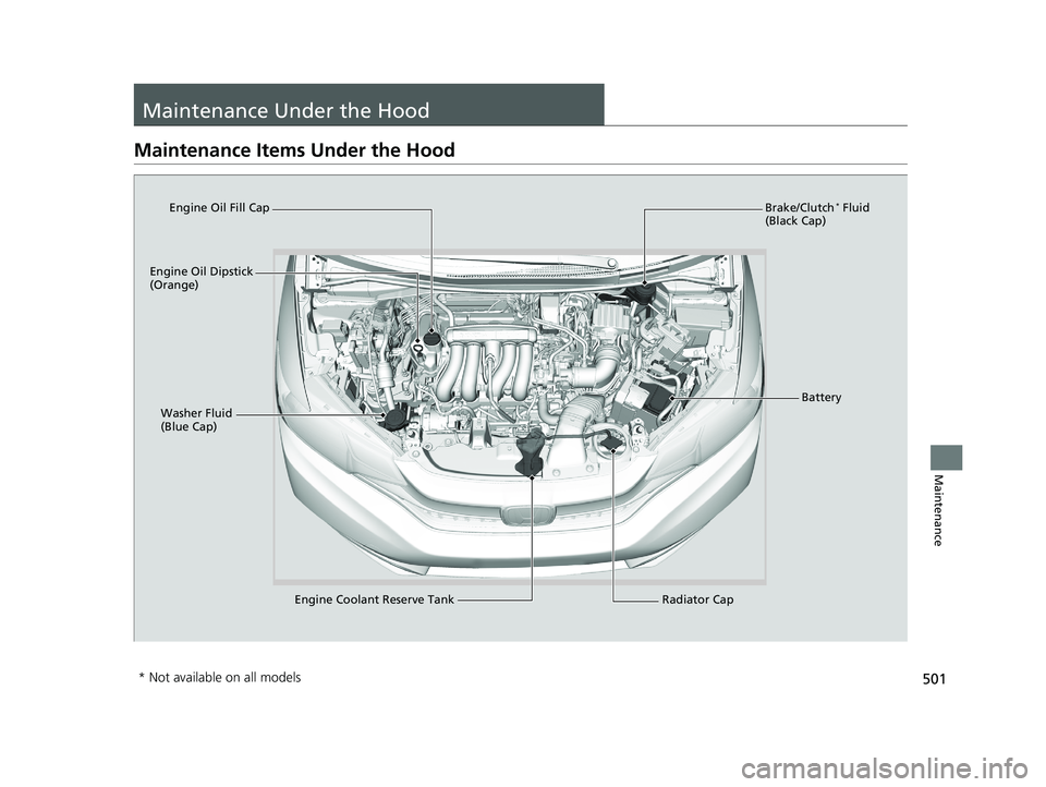 HONDA FIT 2020 Owners Manual (in English) 501
Maintenance
Maintenance Under the Hood
Maintenance Items Under the Hood
Brake/Clutch* Fluid
(Black Cap)
Engine Coolant Reserve Tank Radiator Cap
Washer Fluid
(Blue Cap)
Engine Oil Dipstick
(Ora HONDA FIT 2020 Owners Manual (in English) 501
Maintenance
Maintenance Under the Hood
Maintenance Items Under the Hood
Brake/Clutch* Fluid
(Black Cap)
Engine Coolant Reserve Tank Radiator Cap
Washer Fluid
(Blue Cap)
Engine Oil Dipstick
(Ora