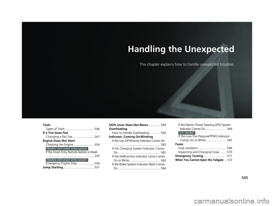 HONDA FIT 2020  Owners Manual (in English) 545
Handling the Unexpected
This chapter explains how to handle unexpected troubles.
ToolsTypes of Tools .................................. 546
If a Tire Goes Flat Changing a Flat Tire ...............