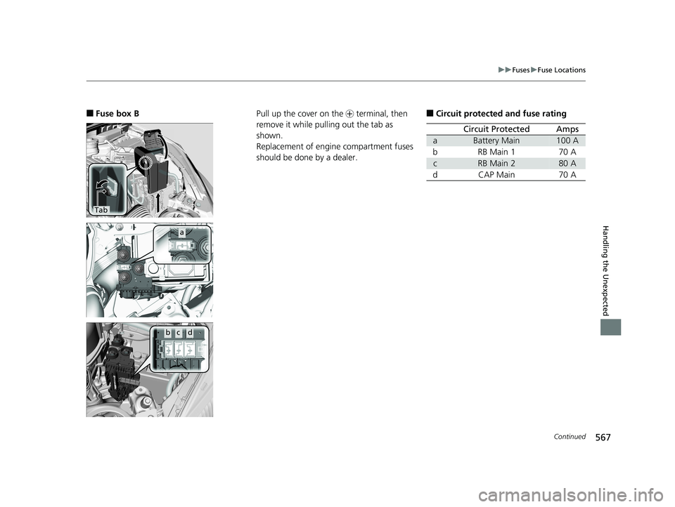 HONDA FIT 2020  Owners Manual (in English) 567
uuFuses uFuse Locations
Continued
Handling the Unexpected
■Fuse box B
Tab
a
bcd
Pull up the cover on the  + terminal, then 
remove it while pulling out the tab as 
shown.
Replacement of engine c