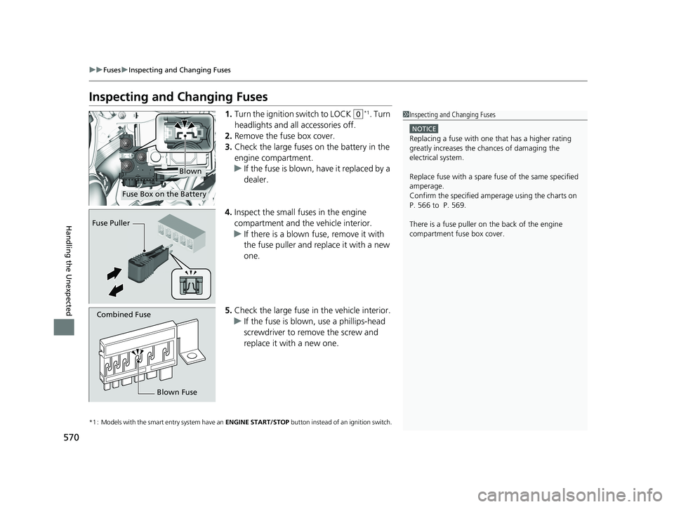 HONDA FIT 2020  Owners Manual (in English) 570
uuFuses uInspecting and Changing Fuses
Handling the Unexpected
Inspecting and Changing Fuses
1. Turn the ignition  switch to LOCK (0*1. Turn 
headlights and all accessories off.
2. Remove the fuse