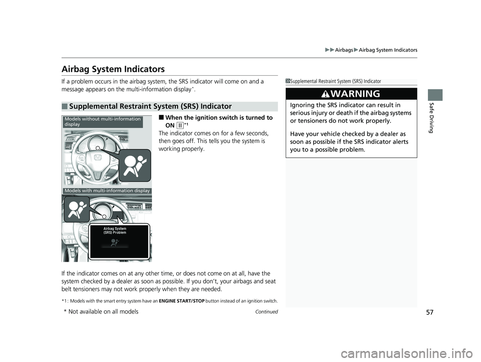 HONDA FIT 2020  Owners Manual (in English) 57
uuAirbags uAirbag System Indicators
Continued
Safe Driving
Airbag System Indicators
If a problem occurs in the airbag system , the SRS indicator will come on and a 
message appears on the multi-inf