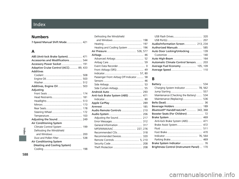 HONDA FIT 2020  Owners Manual (in English) Index
588
Index
Index
Numbers
7-Speed Manual Shift Mode.................... 421
A
ABS (Anti-lock Brake System) ................... 471
Accessories and Modifications ................. 544
Accessory Pow