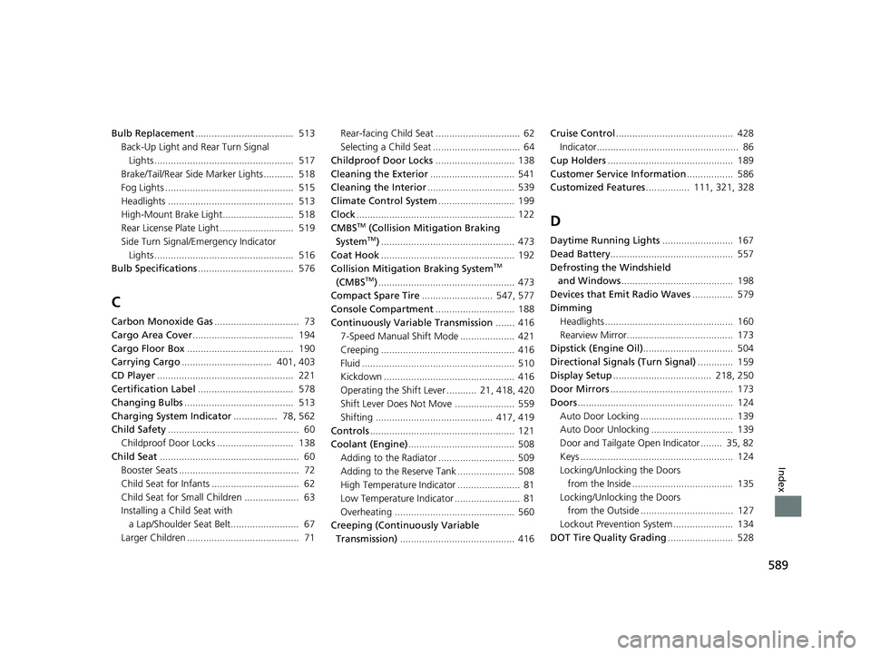 HONDA FIT 2020  Owners Manual (in English) 589
Index
Bulb Replacement....................................  513
Back-Up Light and Rear Turn Signal
 Lights ...................................................  517
Brake/Tail/Rear Side  Marker Lig