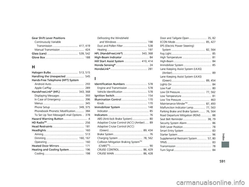 HONDA FIT 2020  Owners Manual (in English) 591
Index
Gear Shift Lever PositionsContinuously Variable
 Transmission ................................  417, 419
Manual Transmission ..............................  424
Glass (care) ................