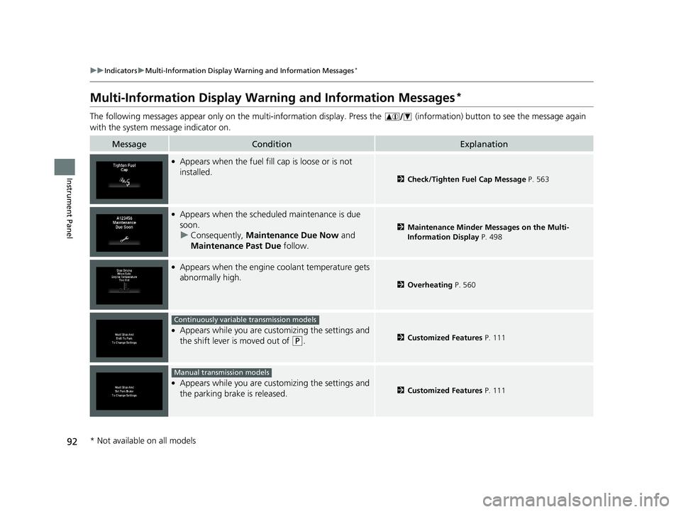 HONDA FIT 2020   (in English) Owners Guide 92
uuIndicators uMulti-Information Display Warn ing and Information Messages*
Instrument Panel
Multi-Information Display Warn ing and Information Messages*
The following messages appear only on the mu