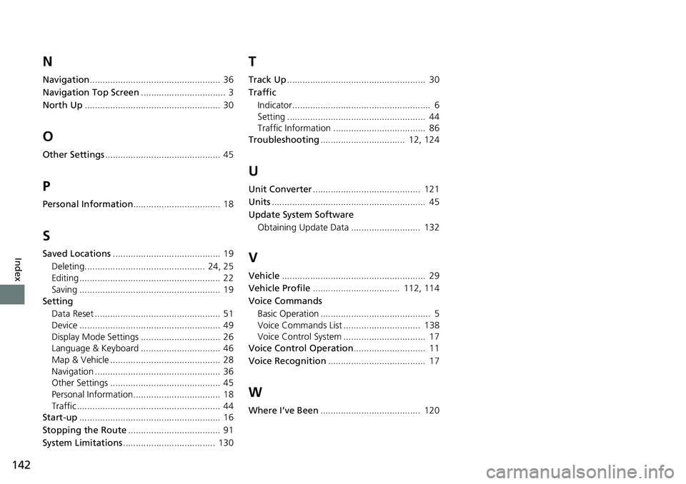 HONDA FIT 2020  Navigation Manual (in English) 142
Index
N
Navigation...................................................  36
Navigation Top Screen .................................  3
North Up ..................................................... 