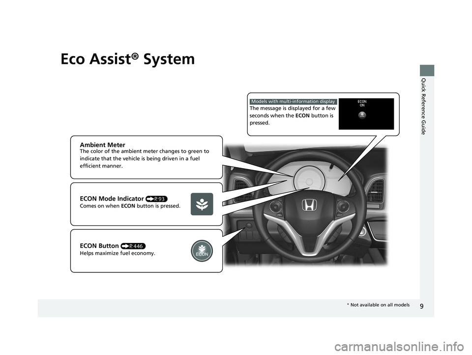 HONDA HR-V 2020 (in English) User Guide 9
Quick Reference Guide
Eco Assist® System
Ambient MeterThe color of the ambient meter changes to green to
indicate that the vehicle is being driven in a fuel
efficient manner.
ECON Button (P446)
H HONDA HR-V 2020 (in English) User Guide 9
Quick Reference Guide
Eco Assist® System
Ambient MeterThe color of the ambient meter changes to green to
indicate that the vehicle is being driven in a fuel
efficient manner.
ECON Button (P446)
H