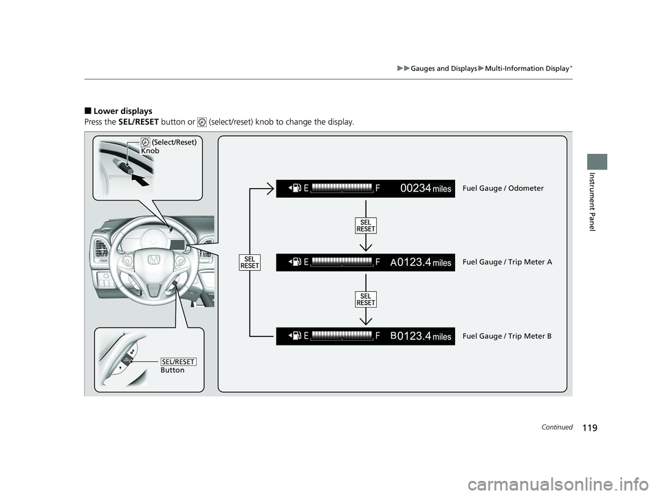 HONDA HR-V 2020 (in English) Owners Guide 119
uuGauges and Displays uMulti-Information Display*
Continued
Instrument Panel
■Lower displays
Press the SEL/RESET button or (select/reset) knob to change the display.
Fuel Gauge / Odometer
Fu HONDA HR-V 2020 (in English) Owners Guide 119
uuGauges and Displays uMulti-Information Display*
Continued
Instrument Panel
■Lower displays
Press the SEL/RESET button or (select/reset) knob to change the display.
Fuel Gauge / Odometer
Fu