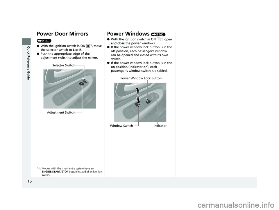 HONDA HR-V 2020  Owners Manual (in English) 16
Quick Reference Guide
Power Door Mirrors 
(P189)
●With the ignition switch in ON 
(w*1, move 
the selector switch to L  or R.
● Push the appropriate edge of the 
adjustment switch to adjust the