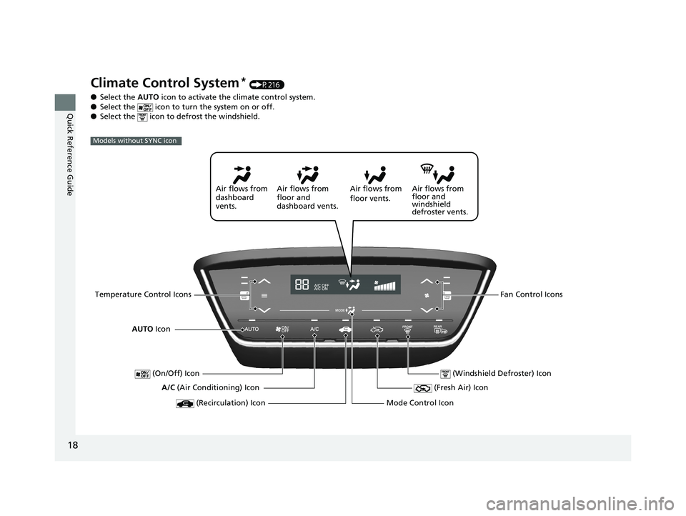 HONDA HR-V 2020 (in English) User Guide 18
Quick Reference Guide
Climate Control System* (P216)
● Select the AUTO icon to activate the climate control system.
● Select the icon to turn the system on or off.
● Select the icon to d HONDA HR-V 2020 (in English) User Guide 18
Quick Reference Guide
Climate Control System* (P216)
● Select the AUTO icon to activate the climate control system.
● Select the icon to turn the system on or off.
● Select the icon to d