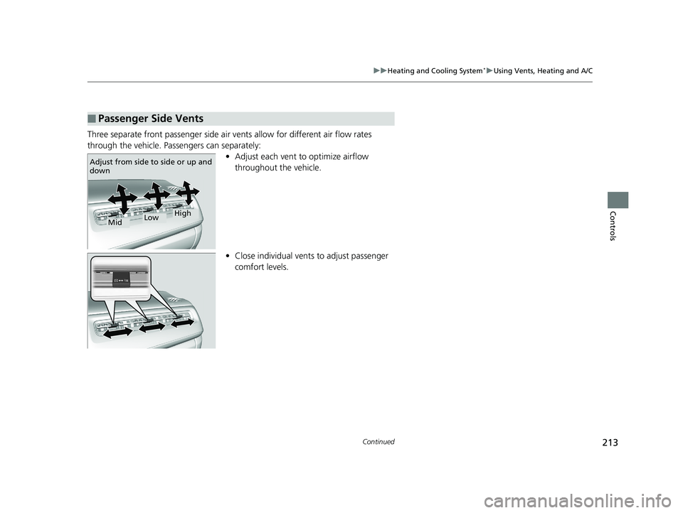 HONDA HR-V 2020  Owners Manual (in English) 213
uuHeating and Cooling System*uUsing Vents, Heating and A/C
Continued
Controls
Three separate front passenger side air vents allow for different air flow rates 
through the vehicle. Passengers can 