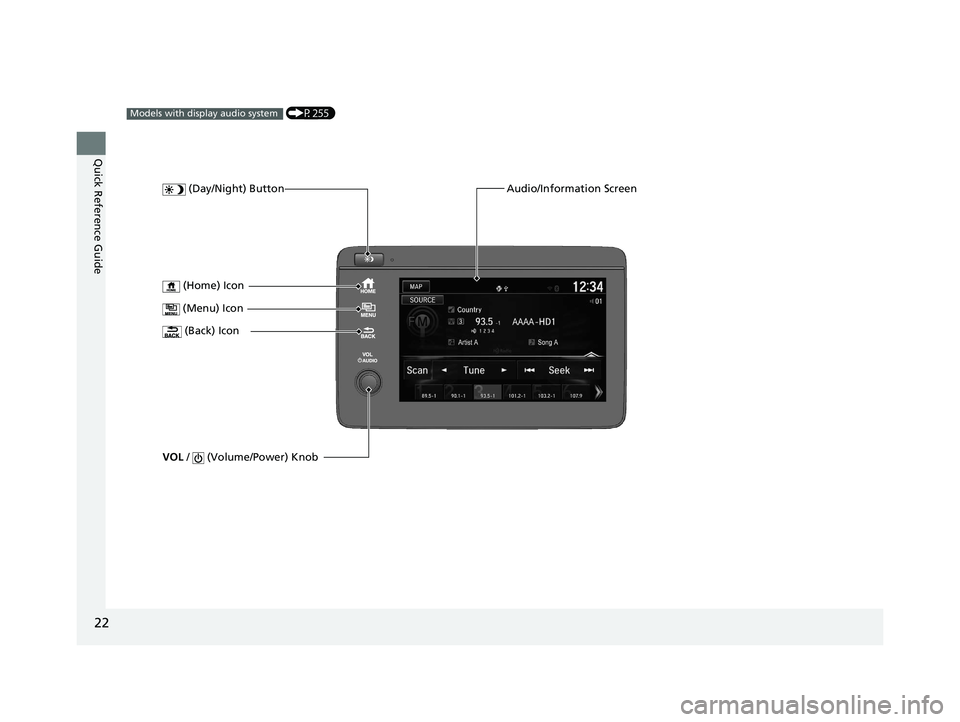 HONDA HR-V 2020 (in English) Owners Guide 22
Quick Reference Guide
(P255)Models with display audio system
(Day/Night) ButtonAudio/Information Screen
VOL / (Volume/Power) Knob
(Back) Icon
(Menu) Icon
(Home) Icon
20 HR-V HDMC HDMG-31T7A HONDA HR-V 2020 (in English) Owners Guide 22
Quick Reference Guide
(P255)Models with display audio system
(Day/Night) ButtonAudio/Information Screen
VOL / (Volume/Power) Knob
(Back) Icon
(Menu) Icon
(Home) Icon
20 HR-V HDMC HDMG-31T7A