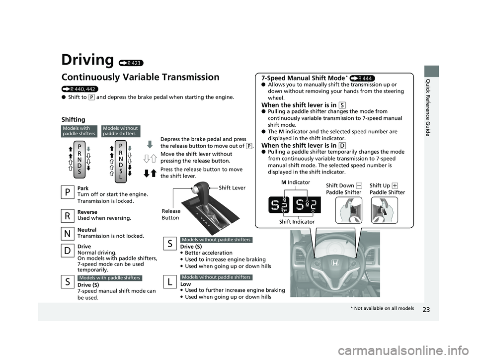HONDA HR-V 2020 (in English) Owners Guide 23
Quick Reference Guide
Driving (P423)
Depress the brake pedal and press
the release button to move out of
(P.
Continuously Variable Transmission
(P440, 442)
● Shift to
(P and depress the brake HONDA HR-V 2020 (in English) Owners Guide 23
Quick Reference Guide
Driving (P423)
Depress the brake pedal and press
the release button to move out of
(P.
Continuously Variable Transmission
(P440, 442)
● Shift to
(P and depress the brake