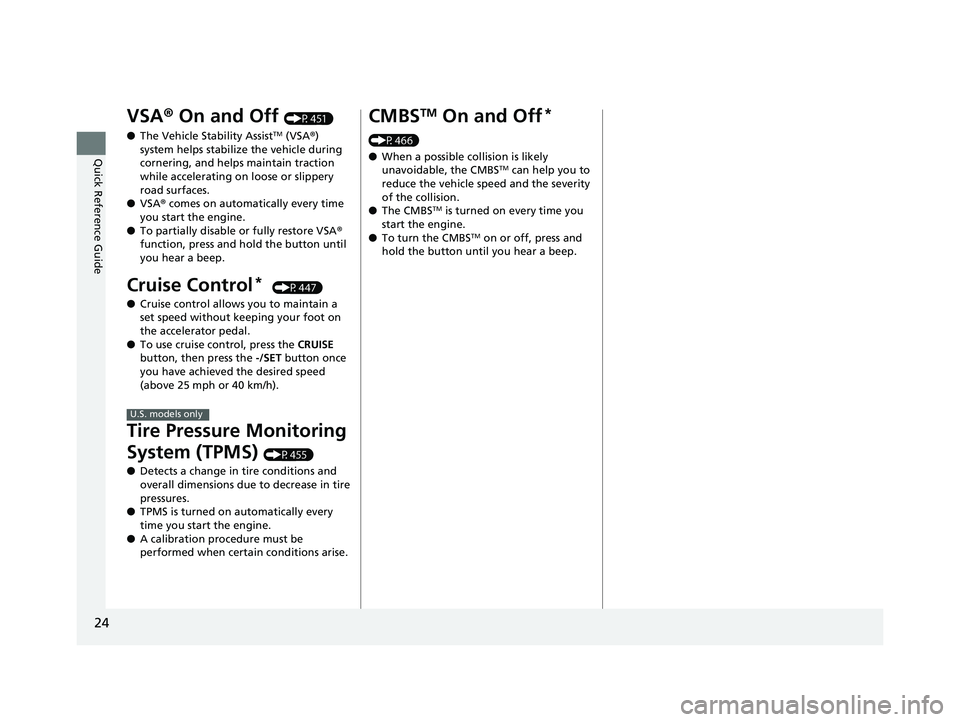 HONDA HR-V 2020 (in English) Owners Guide 24
Quick Reference Guide
VSA® On and Off (P451)
● The Vehicle Stability Assist
TM (VSA ®)
system helps stabilize the vehicle during
cornering, and helps maintain traction
while accelerating on HONDA HR-V 2020 (in English) Owners Guide 24
Quick Reference Guide
VSA® On and Off (P451)
● The Vehicle Stability Assist
TM (VSA ®)
system helps stabilize the vehicle during
cornering, and helps maintain traction
while accelerating on