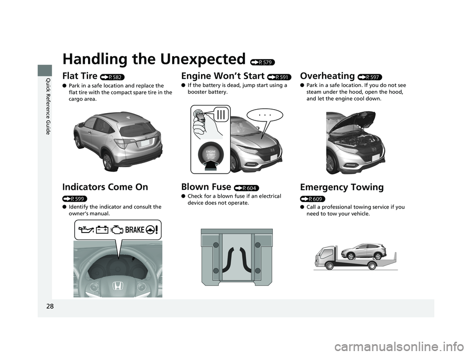 HONDA HR-V 2020 Owners Manual (in English) 28
Quick Reference Guide
Handling the Unexpected (P579)
Flat Tire (P582)
● Park in a safe location and replace the
flat tire with the compact spare tire in the
cargo area.
Indicators Come On
(P59 HONDA HR-V 2020 Owners Manual (in English) 28
Quick Reference Guide
Handling the Unexpected (P579)
Flat Tire (P582)
● Park in a safe location and replace the
flat tire with the compact spare tire in the
cargo area.
Indicators Come On
(P59
