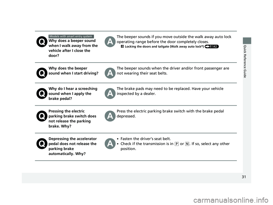 HONDA HR-V 2020  Owners Manual (in English) 31
Quick Reference GuideWhy does a beeper sound 
when I walk away from the 
vehicle after I close the 
door?
The beeper sounds if you move outside the walk away auto lock 
operating range before the d