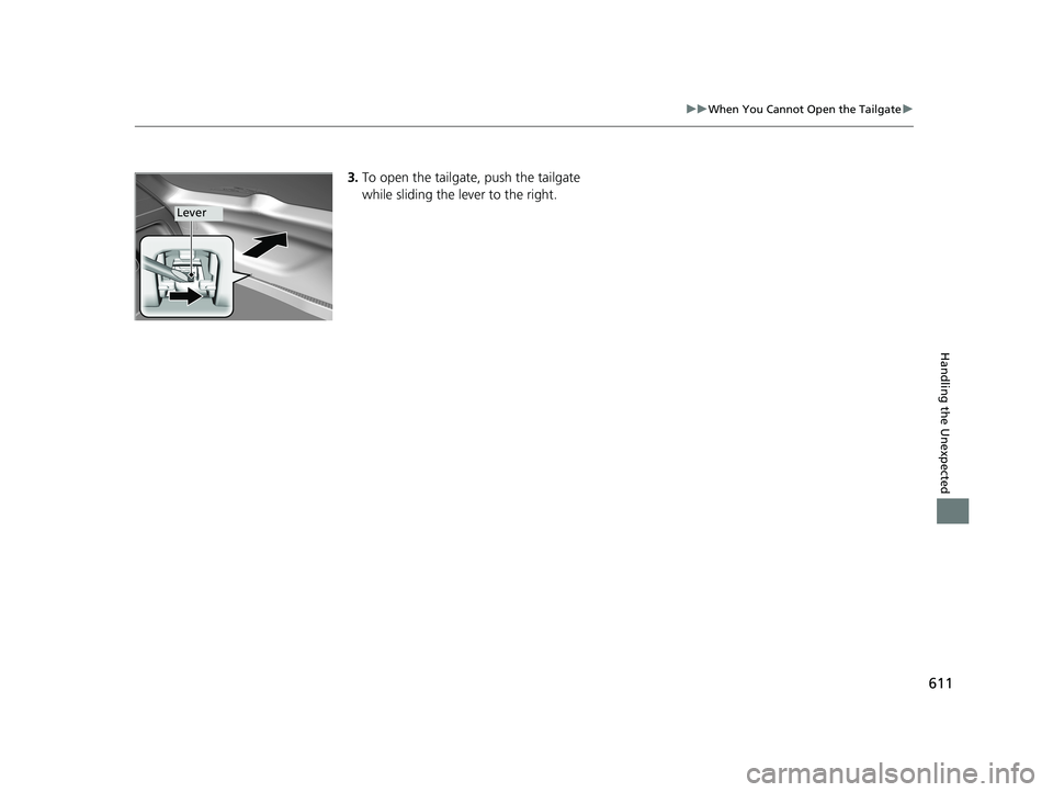 HONDA HR-V 2020 Owners Manual (in English) 611
uuWhen You Cannot Open the Tailgate u
Handling the Unexpected
3.To open the tailgate, push the tailgate
while sliding the lever to the right.
Lever
20 HR-V HDMC HDMG-31T7A6400.book 611 ページ HONDA HR-V 2020 Owners Manual (in English) 611
uuWhen You Cannot Open the Tailgate u
Handling the Unexpected
3.To open the tailgate, push the tailgate
while sliding the lever to the right.
Lever
20 HR-V HDMC HDMG-31T7A6400.book 611 ページ