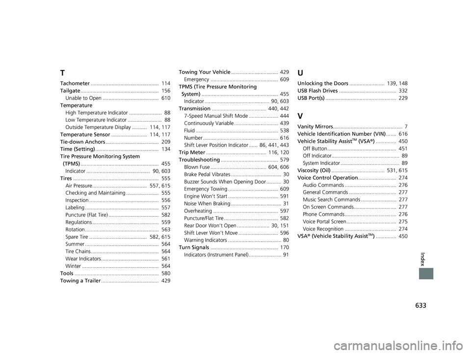 HONDA HR-V 2020  Owners Manual (in English) 633
Index
T
Tachometer..............................................  114
Tailgate .....................................................  156
Unable to Open ......................................  610