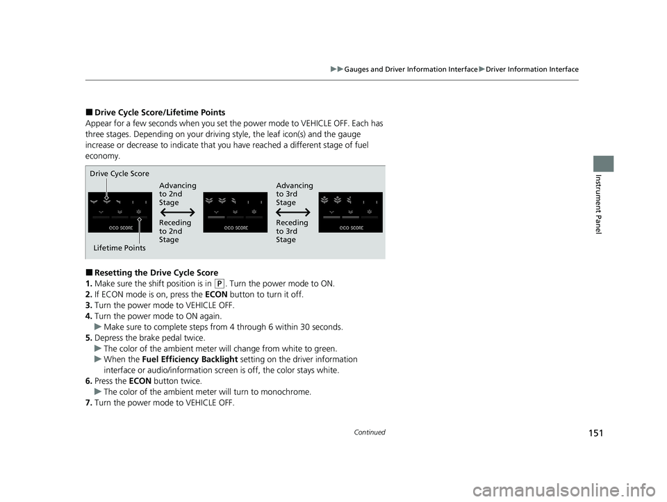 HONDA INSIGHT 2020 Owners Manual (in English) 151
uuGauges and Driver Information Interface uDriver Information Interface
Continued
Instrument Panel
■Drive Cycle Score/Lifetime Points
Appear for a few seconds when you set th e power mode to VEH HONDA INSIGHT 2020 Owners Manual (in English) 151
uuGauges and Driver Information Interface uDriver Information Interface
Continued
Instrument Panel
■Drive Cycle Score/Lifetime Points
Appear for a few seconds when you set th e power mode to VEH
