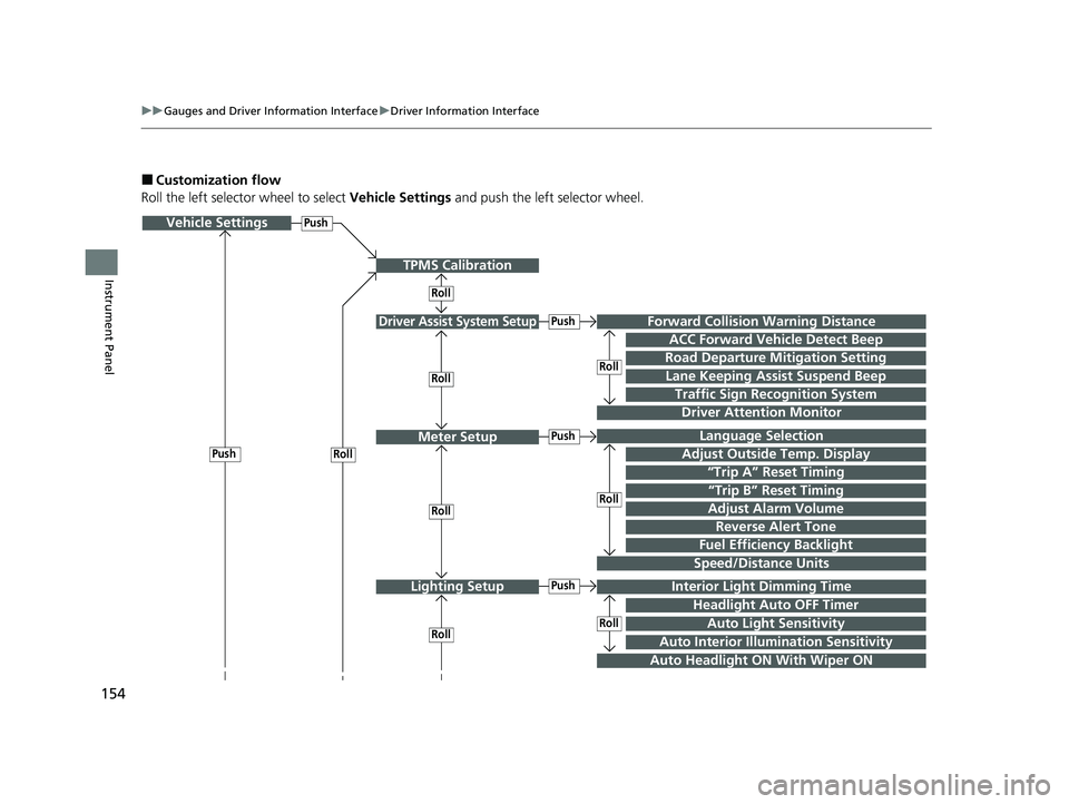 HONDA INSIGHT 2020  Owners Manual (in English) 154
uuGauges and Driver Information Interface uDriver Information Interface
Instrument Panel
■Customization flow
Roll the left selector wheel to select  Vehicle Settings and push the left selector w