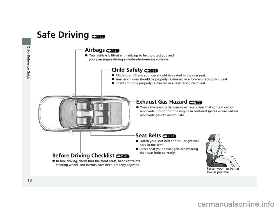 HONDA INSIGHT 2020 (in English) User Guide 18
Quick Reference Guide
Safe Driving (P 39)
Airbags (P 51)
●Your vehicle is fitted with airbags to help protect you and
your passengers during a moderate-to-severe collision.
Child Safety (P 64)
HONDA INSIGHT 2020 (in English) User Guide 18
Quick Reference Guide
Safe Driving (P 39)
Airbags (P 51)
●Your vehicle is fitted with airbags to help protect you and
your passengers during a moderate-to-severe collision.
Child Safety (P 64)