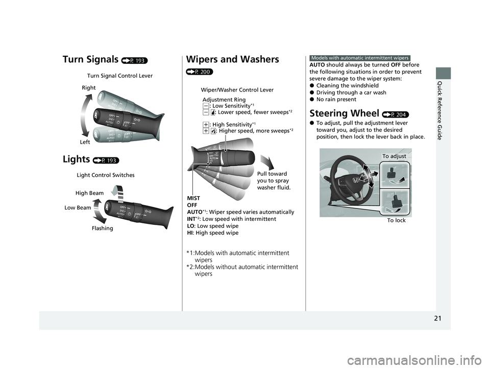 HONDA INSIGHT 2020 (in English) Owners Guide 21
Quick Reference Guide
Turn Signals (P 193)
Lights (P 193)
Turn Signal Control Lever
Right
Left
Light Control Switches
Low Beam High Beam
Flashing
Wipers and Washers
(P 200)
*1:Models with automati HONDA INSIGHT 2020 (in English) Owners Guide 21
Quick Reference Guide
Turn Signals (P 193)
Lights (P 193)
Turn Signal Control Lever
Right
Left
Light Control Switches
Low Beam High Beam
Flashing
Wipers and Washers
(P 200)
*1:Models with automati