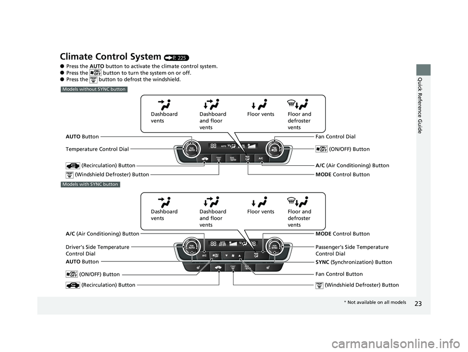 HONDA INSIGHT 2020 (in English) Owners Guide 23
Quick Reference Guide
Climate Control System (P 225)
●Press the AUTO button to activate th e climate control system.●Press the button to tu rn the system on or off.●Press the button to de HONDA INSIGHT 2020 (in English) Owners Guide 23
Quick Reference Guide
Climate Control System (P 225)
●Press the AUTO button to activate th e climate control system.●Press the button to tu rn the system on or off.●Press the button to de