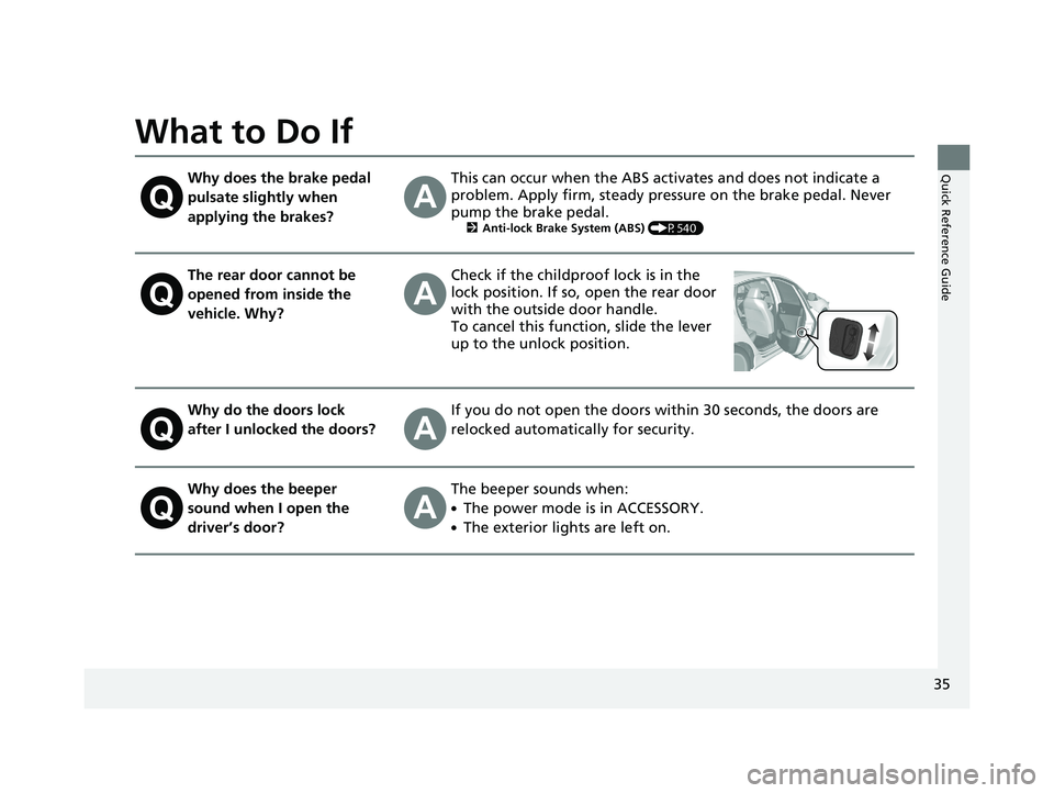 HONDA INSIGHT 2020  Owners Manual (in English) 35
Quick Reference Guide
What to Do If
Why does the brake pedal 
pulsate slightly when 
applying the brakes?This can occur when the ABS activates and does not indicate a 
problem. Apply firm, steady p