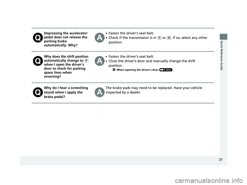 HONDA INSIGHT 2020  Owners Manual (in English) 37
Quick Reference Guide
Depressing the accelerator 
pedal does not release the 
parking brake 
automatically. Why?●Fasten the driver’s seat belt.
●Check if the transmission is in (P or (N. If s