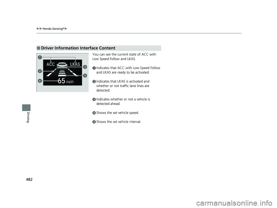 HONDA INSIGHT 2020 Owners Manual (in English) 482
uuHonda Sensing ®u
Driving
You can see the current state of ACC with
Low Speed Follow and LKAS.
■Driver Information Interface Content
aIndicates that ACC wi th Low Speed Follow
and LKAS are r HONDA INSIGHT 2020 Owners Manual (in English) 482
uuHonda Sensing ®u
Driving
You can see the current state of ACC with
Low Speed Follow and LKAS.
■Driver Information Interface Content
aIndicates that ACC wi th Low Speed Follow
and LKAS are r
