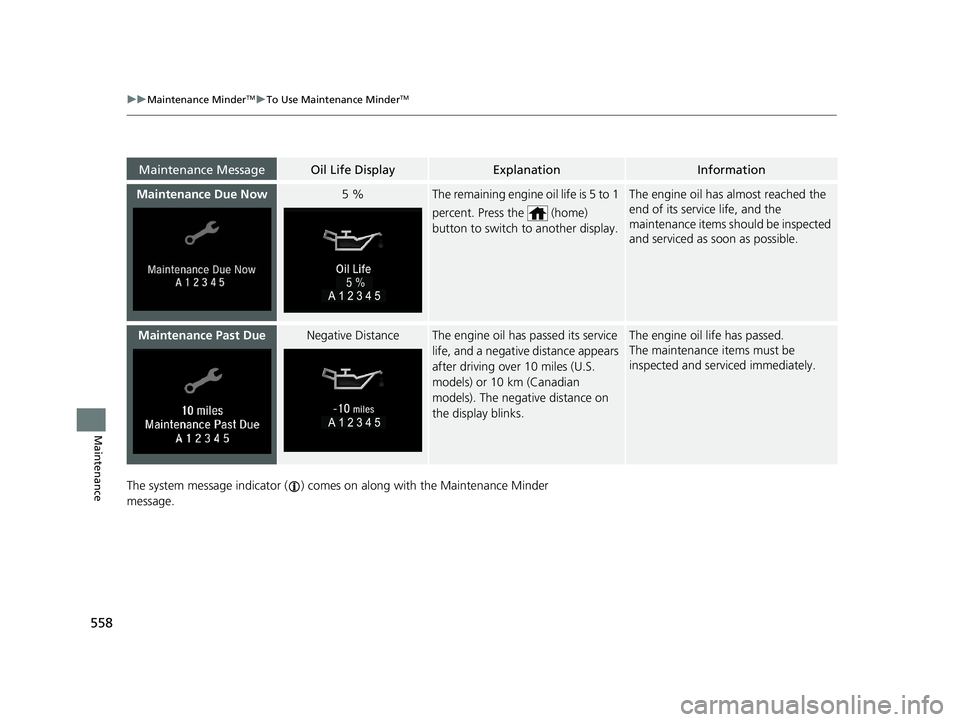 HONDA INSIGHT 2020   (in English) User Guide 558
uuMaintenance MinderTMuTo Use Maintenance MinderTM
Maintenance
The system message indicator ( ) comes  on along with the Maintenance Minder 
message.
Maintenance Due Now5 %The remaining engine oil